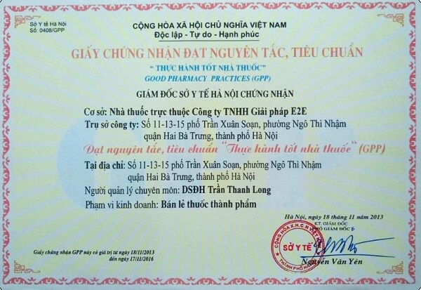 Mẫu giấy chứng nhận thực hành nhà thuốc tốt GPP